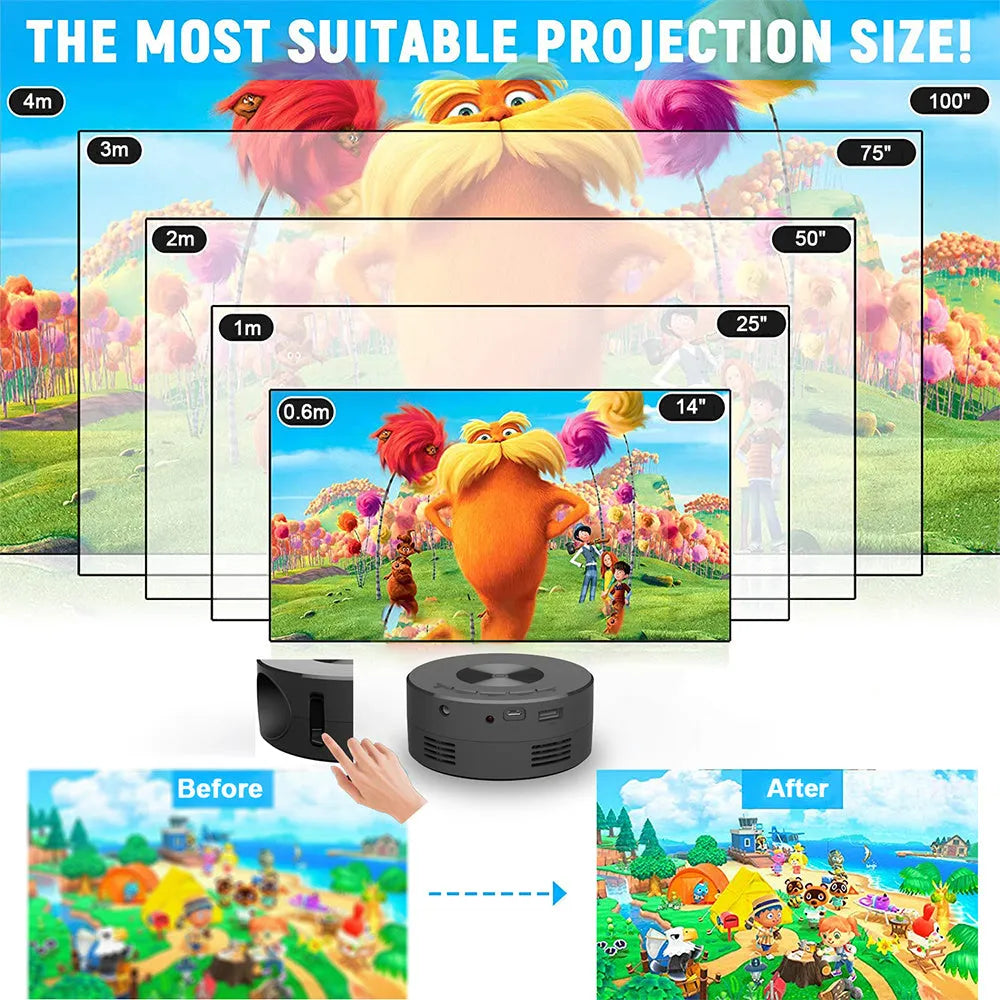 Black mini portable projector for mobile phone projection with compact 110x110x47mm dimensions