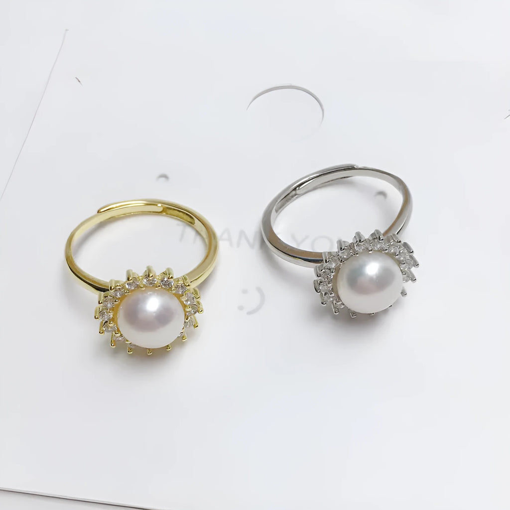 Round natural freshwater pearl ring with round zircon accents in gold copper plating finish