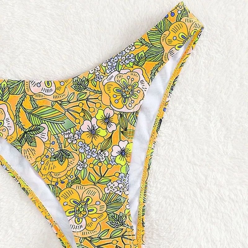 New printed polyester sling bikini swimsuit for women, two-piece set in peacock blue or lemon yellow, sizes S M L