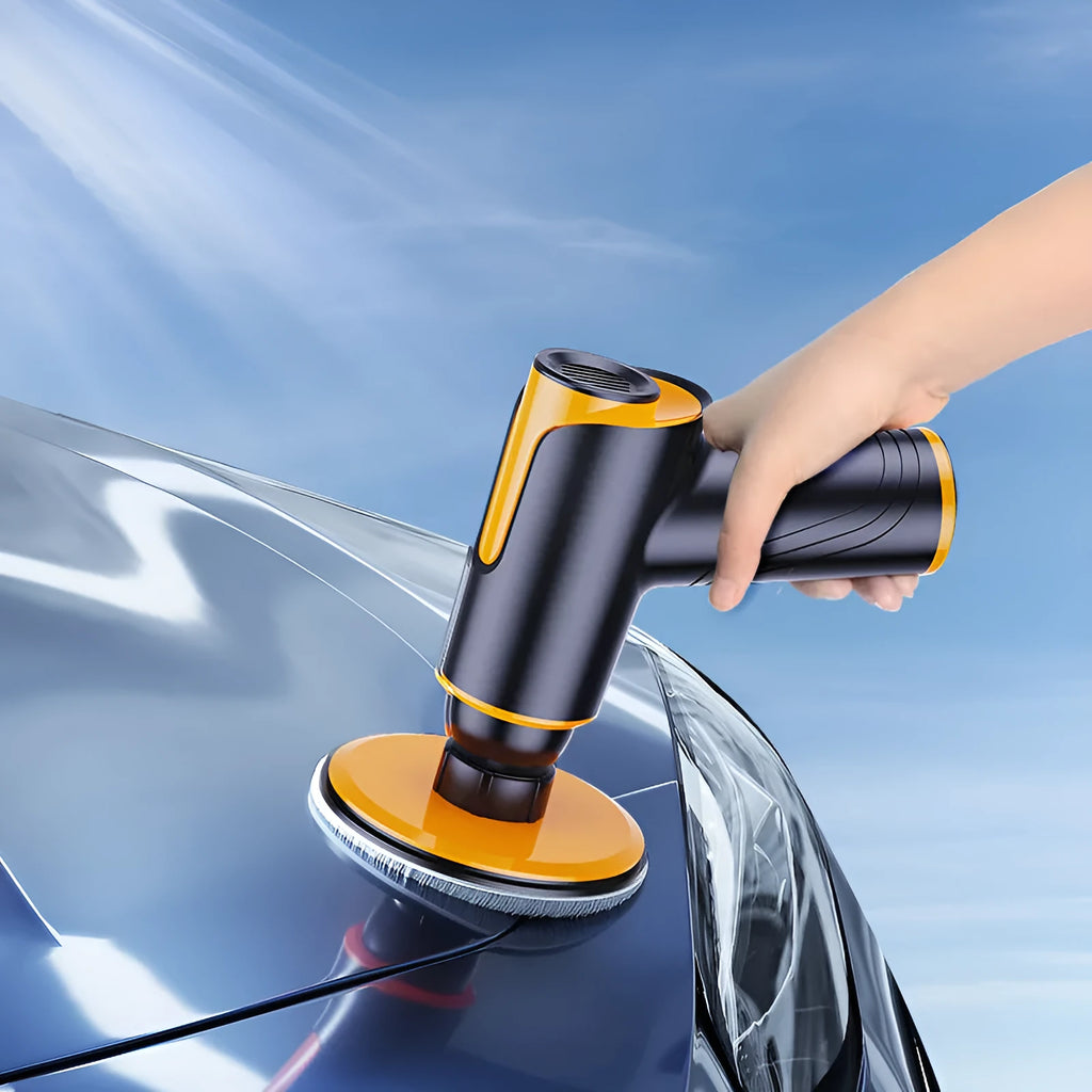 Cordless car polishing machine in black with ABS body, throwing disc, and two cloth pads