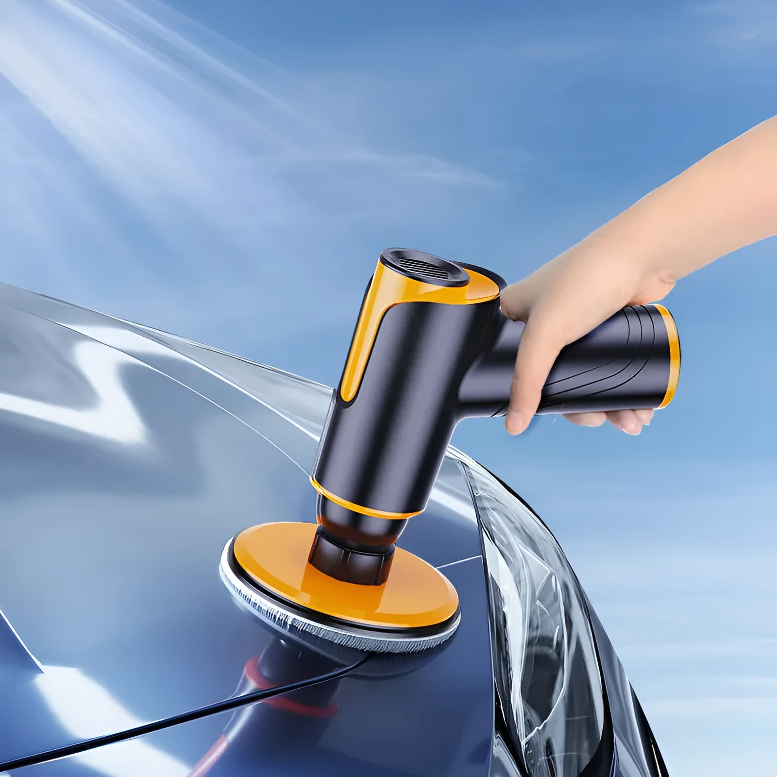 Cordless car polishing machine in black with ABS body, throwing disc, and two cloth pads