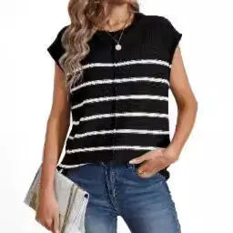 Women's striped sleeveless vest pullover top in apricot colour showing bone stitch detail.
