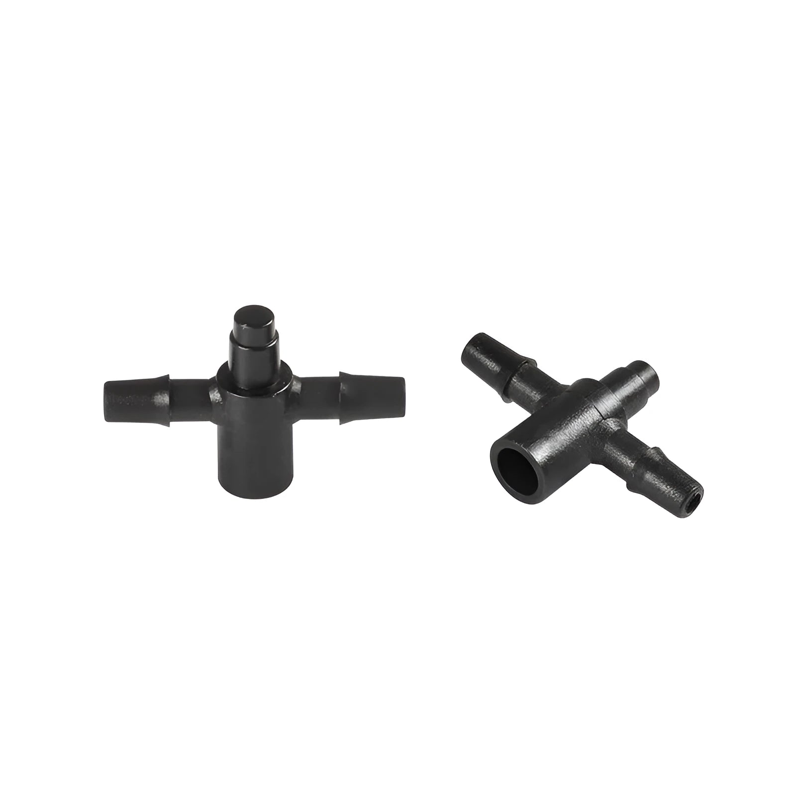 White PE plastic tee water distributor joint for micro spray irrigation system.