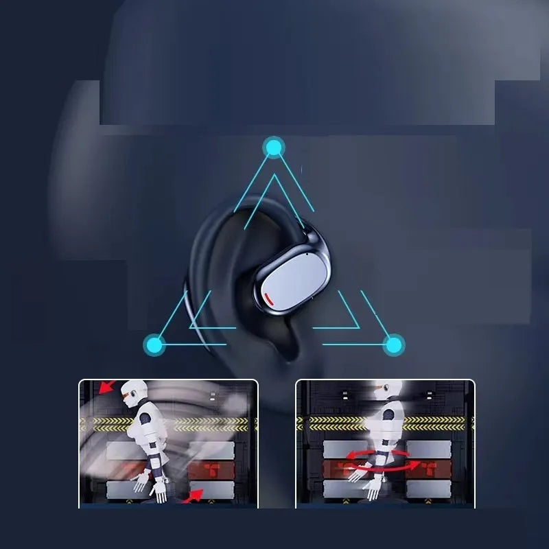 Black and white bilateral stereo Bluetooth earplug headset with its charging case.