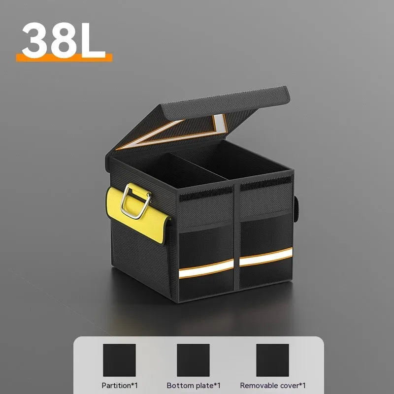 Foldable car boot storage organiser bag in black and yellow with handle