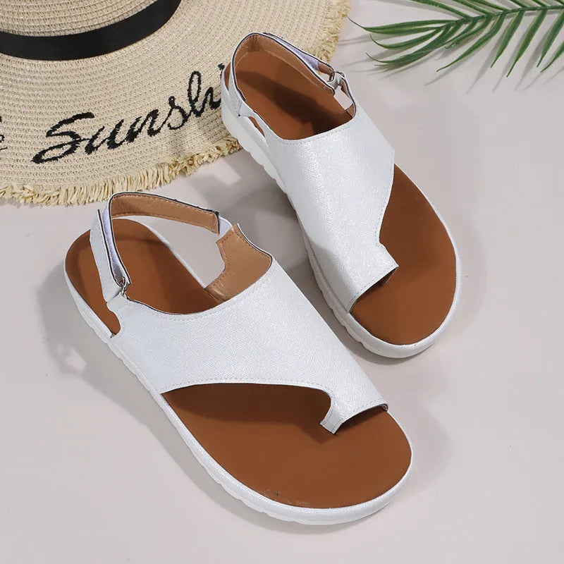 Thong sandals with Velcro closure flat beach shoes PU upper round toe casual women