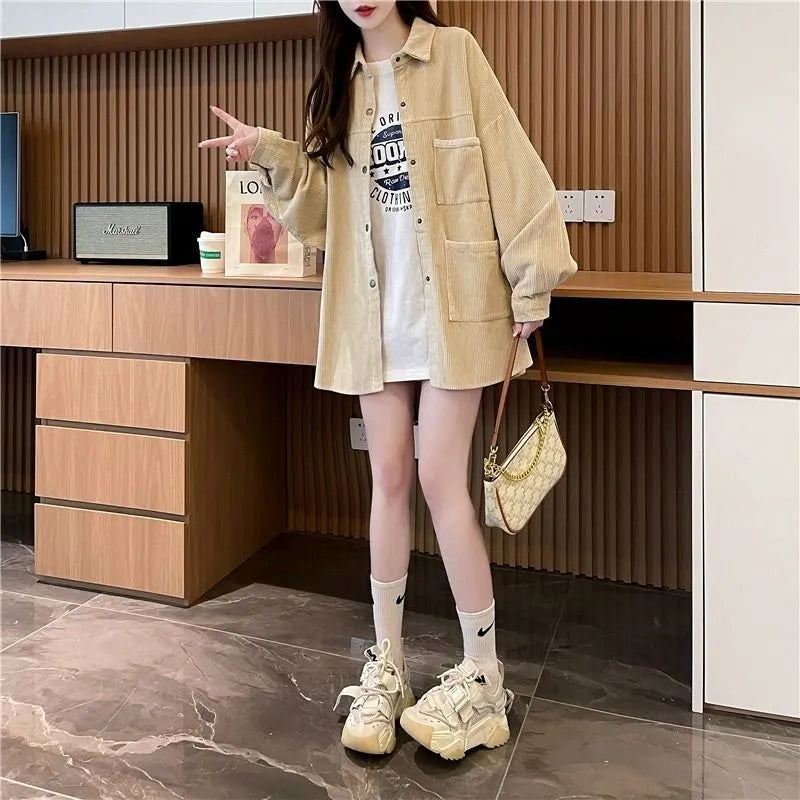 Loose corduroy shirt jacket in yellow, apricot or green, long sleeve cardigan style, sizes M to XXL.