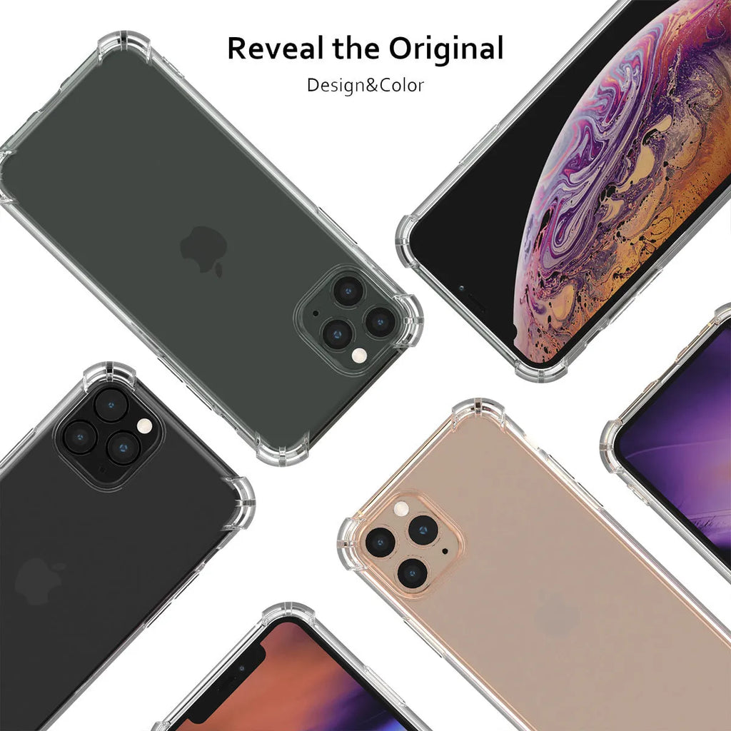 A clear, flexible TPU shockproof phone case designed for various Apple iPhone models.