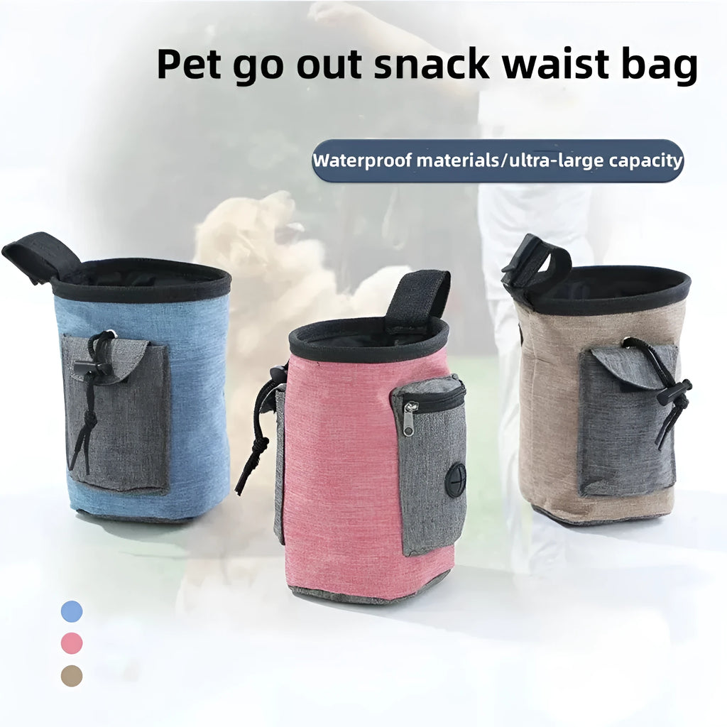 Adjustable waterproof waist bag for dog walking with side clip and multiple pockets.
