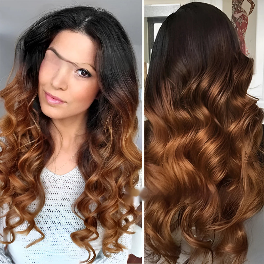 A woman wearing a long, gradient brown human hair lace front wig with a natural hairline.
