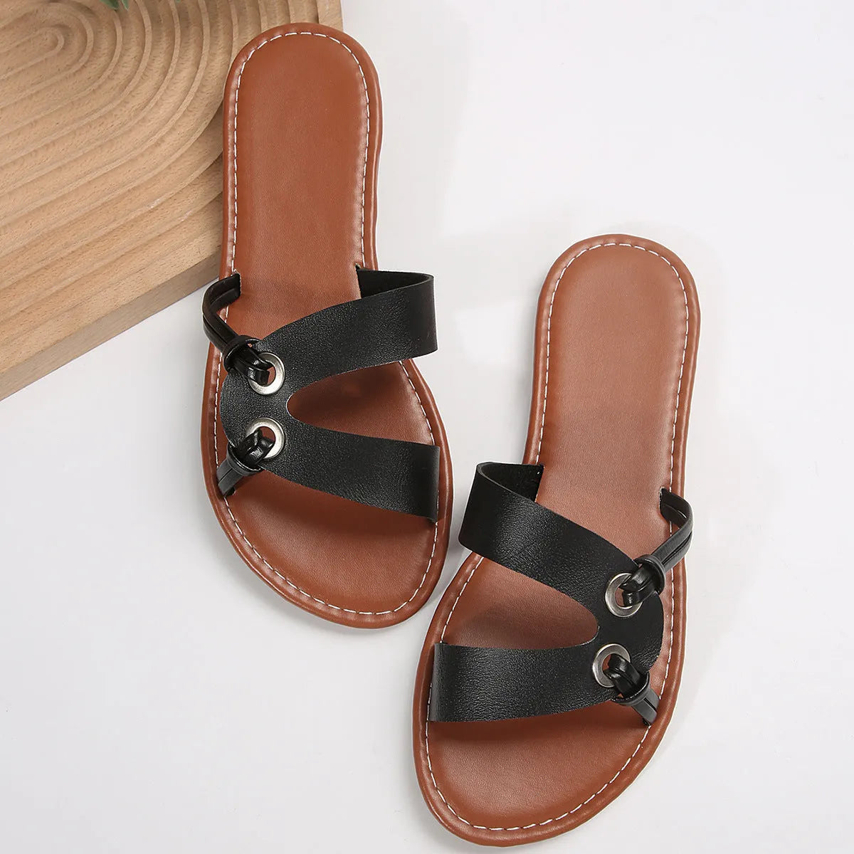 Women's round toe flat sandals with PU upper, rubber non-slip sole, in black light brown white, sizes 36-43