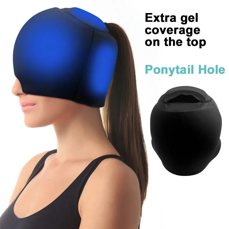 A simple solid colour fully enclosed cold compress cap made from polyester fabric.