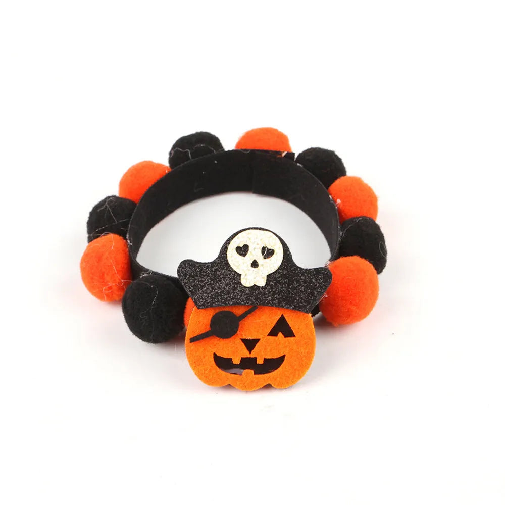 Halloween pet collar with fur ball decoration in pumpkin, pirate, bow, skull and witch designs