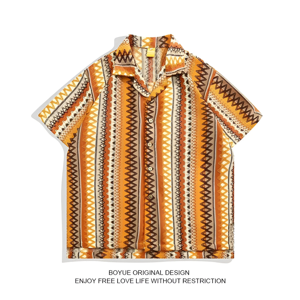 Loose fit ethnic style shirt with Cuban collar and contrast colour, featuring short drop-shoulder sleeves.