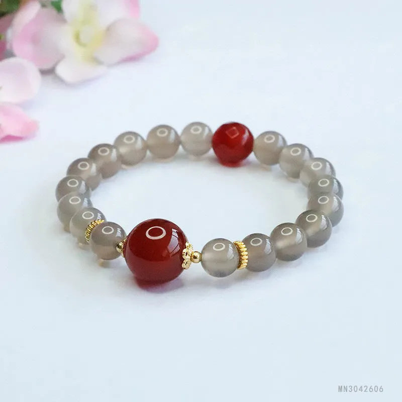 Smoky purple chalcedony red agate bracelet with 8mm geometry beads, natural stone jewellery