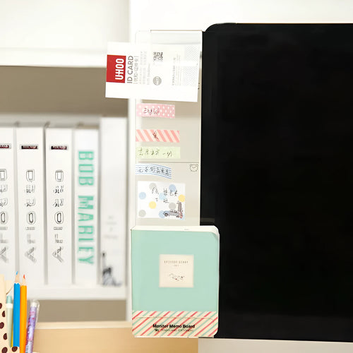 Clear acrylic monitor message memo board with wall suction mount on a computer monitor, left side placement