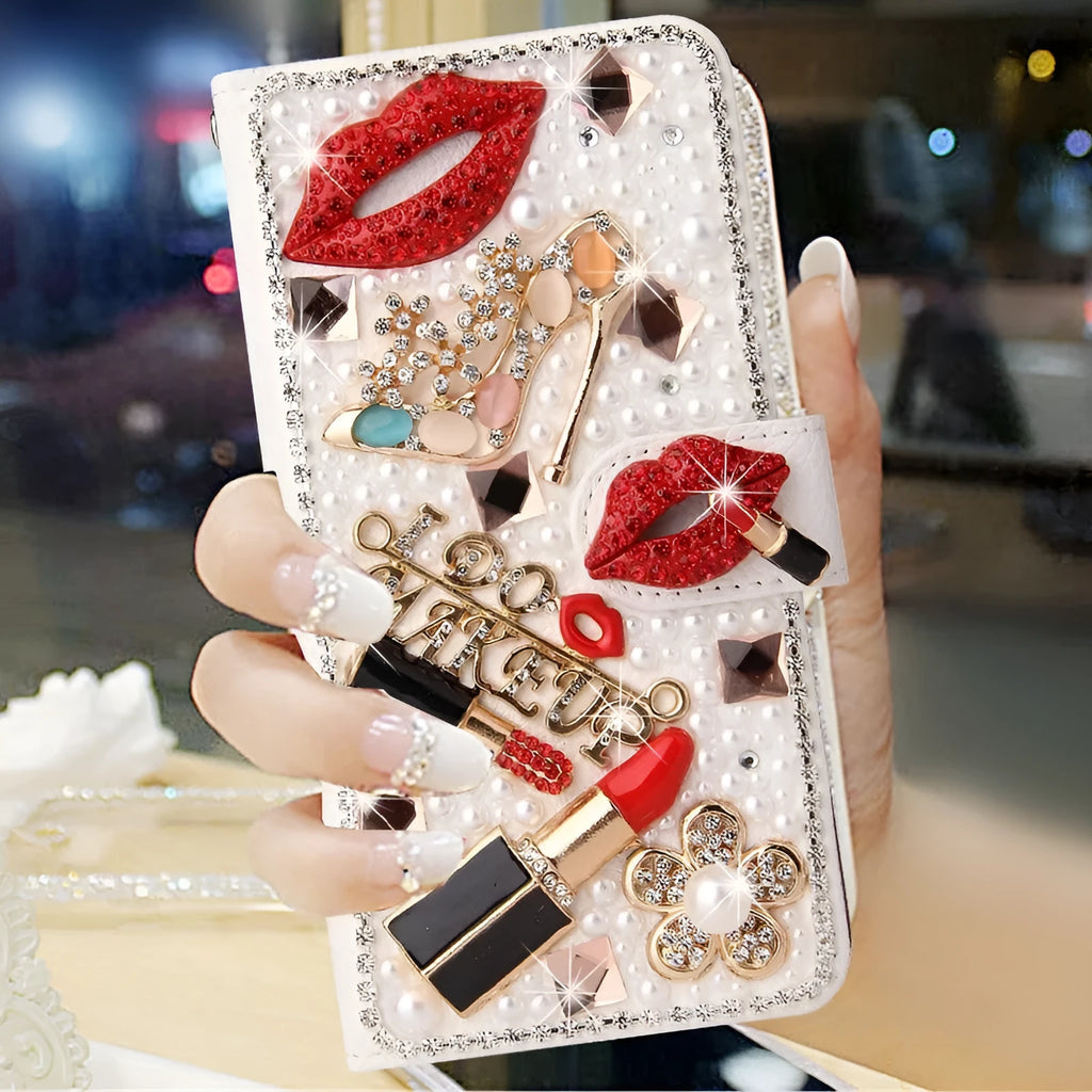 Faux leather phone case with rhinestones for iPhone 14 15 16 series in white and black designs including gem wallet and crown fox