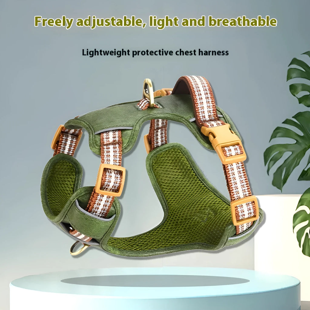 Brown leather dog harness with reflective strips and adjustable chest straps for walking safety