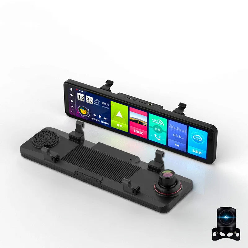 Black rearview mirror style dashboard camera with dual lenses for front and rear recording and a touch screen display.