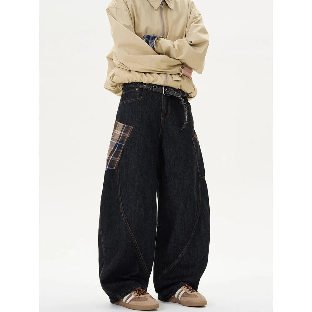 Cotton loose straight-leg trousers in plaid pattern showing mid waist and casual styling