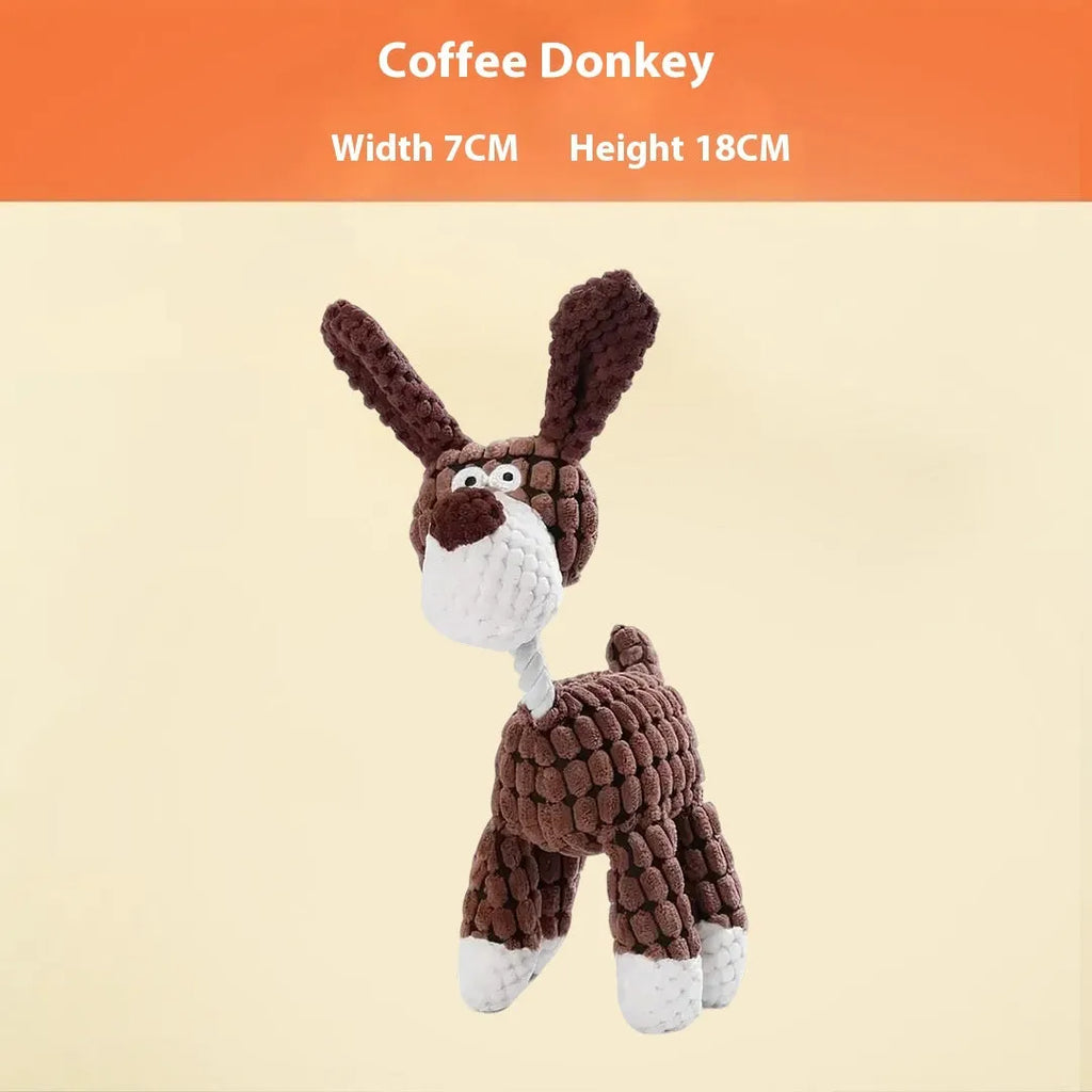 Plush pet chew toy for puppies in a selection of character styles including donkey, duck, and elephant.