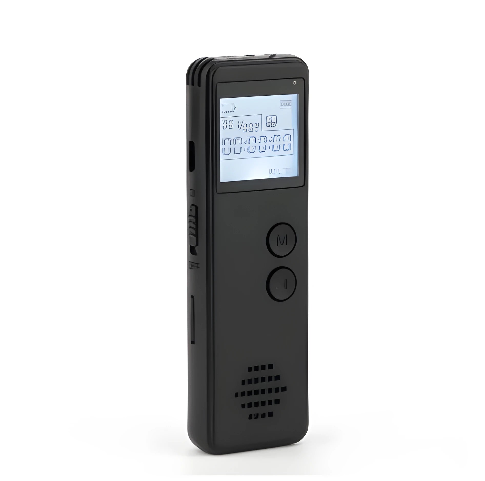 Black matte-finish MP3 digital voice recorder showing screen, recording button, and compact size of 88mm x 33mm.