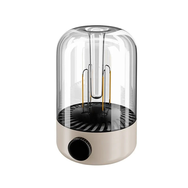 Beige and black camping light with dual lamp beads, control knob, and USB port for device charging