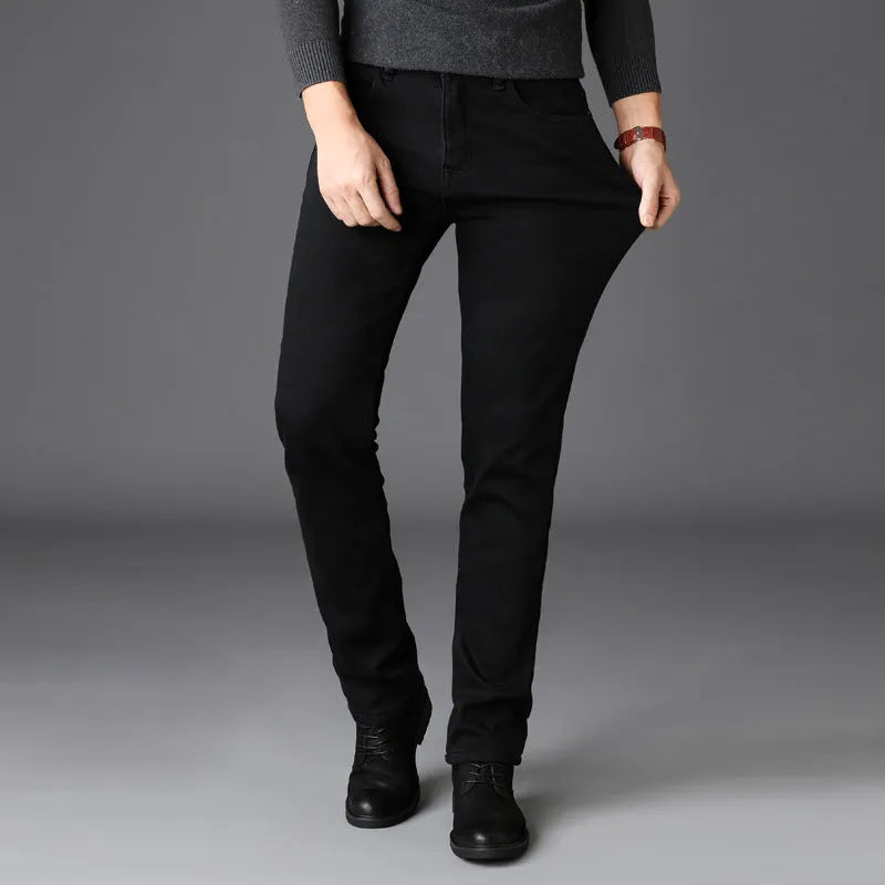 Men's slim straight black denim jeans with mid waist, zip fly and water-washed finish, sizes 28-40