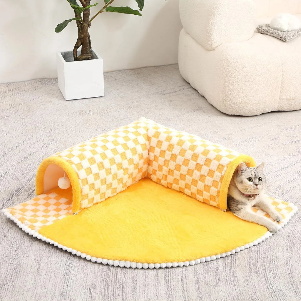 Coffee coloured plush fan-shaped pet bed with integrated tunnel for cats and dogs, showing thick mat and anti-slip base.