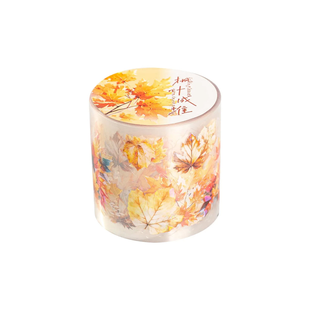 Roll of 40mm wide decorative stickers with autumn leaf designs including ginkgo and maple, 2 metres in length.