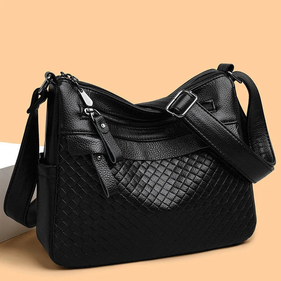 Women's soft PU crossbody bag in urban minimalism style with diamond pattern stitching, 28x22x11cm