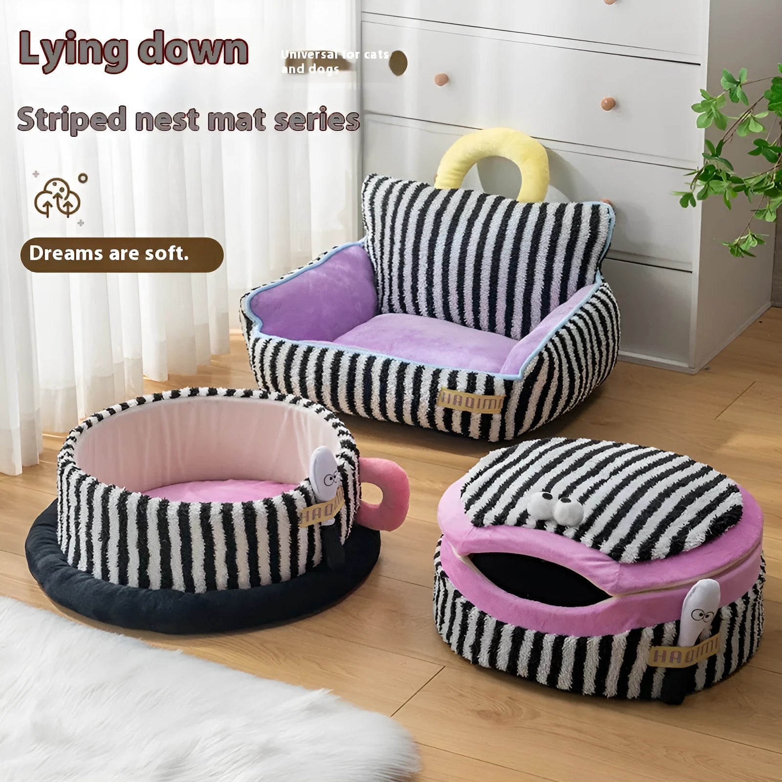 Striped three-piece soft pet bed set showing sofa nest, big mouth nest and teacup nest for dogs
