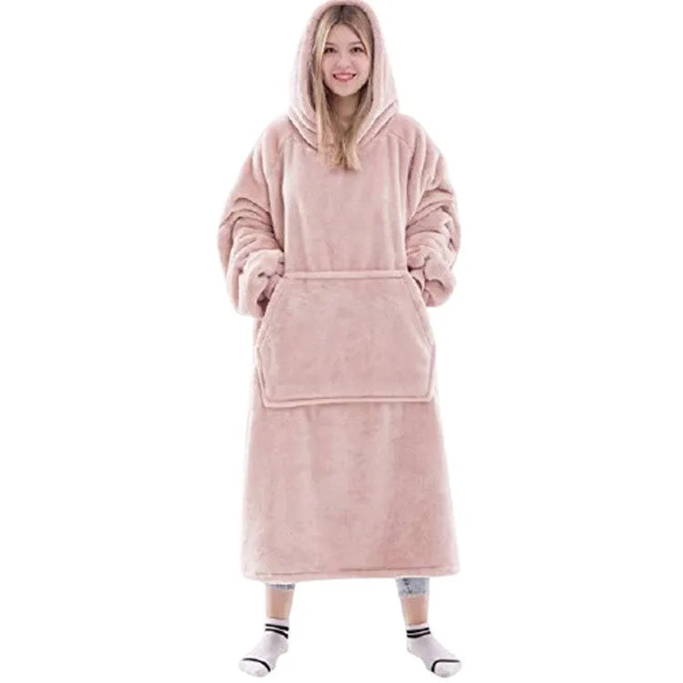 Flannel thick warm blanket hoodie for women in solid colour with front pocket and long sleeves
