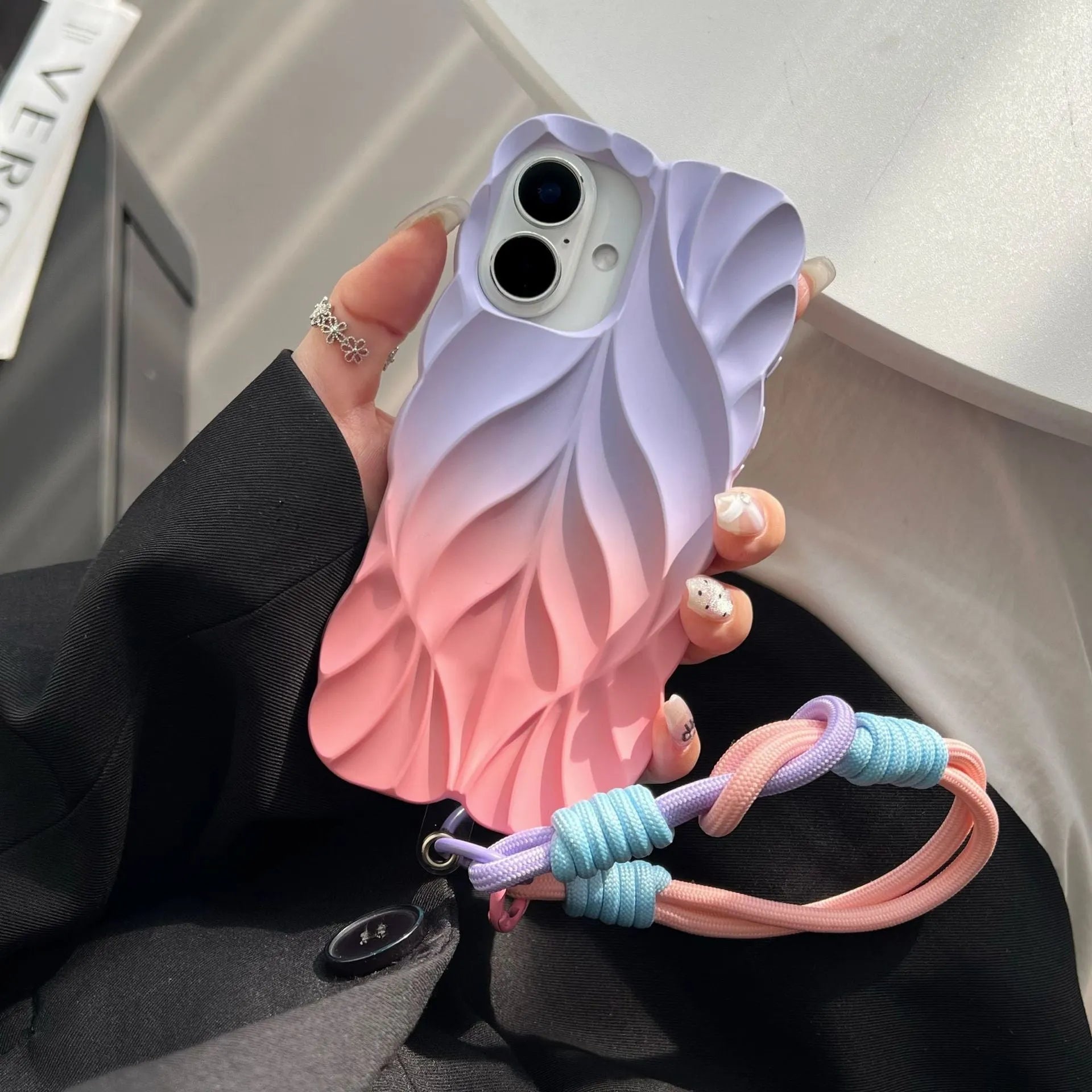 Ins style leaf pattern gradient TPU phone case with wristband in purple gray colour for iPhone 14 Pro Max