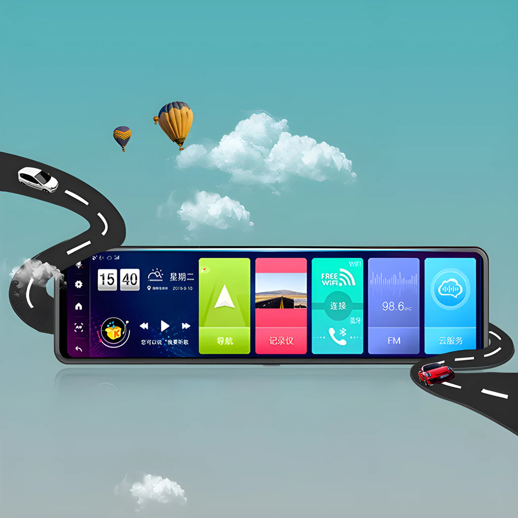 Black rearview mirror style dashboard camera with dual lenses for front and rear recording and a touch screen display.