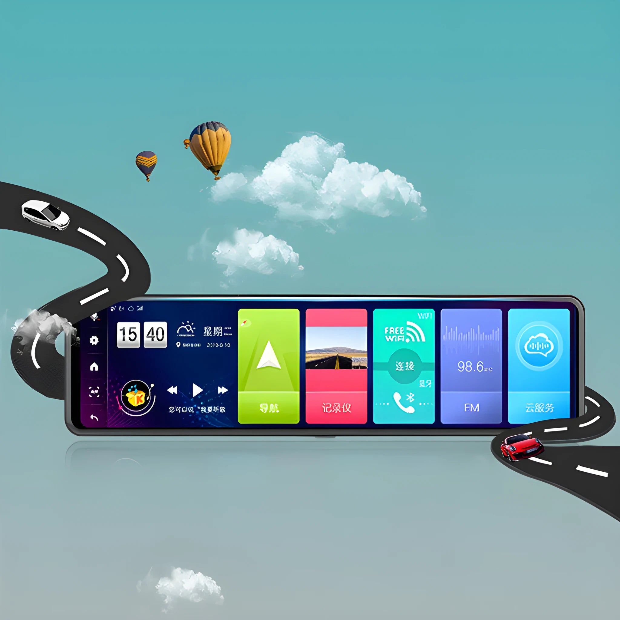 Black rearview mirror style dashboard camera with dual lenses for front and rear recording and a touch screen display.