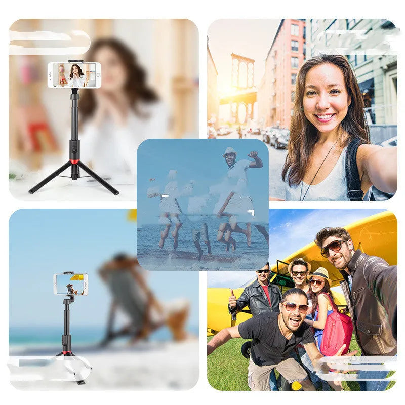 Selfie stick mobile phone Bluetooth universal tripod in army green with aluminium alloy and ABS frame, 40mAh battery, and compact folded size