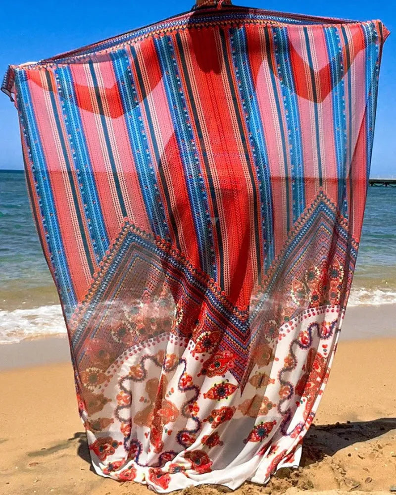 Women's three-piece high-waist swimsuit set with cutout blouse and jacket in picture colour.