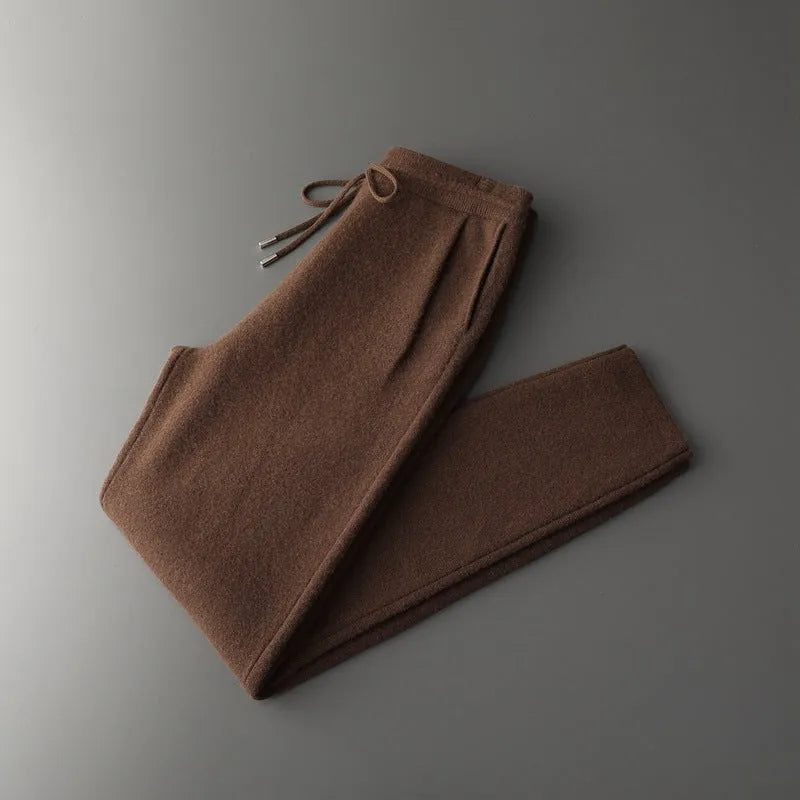 Men's loose cashmere trousers in light camel colour; winter casual wear with elastic waist
