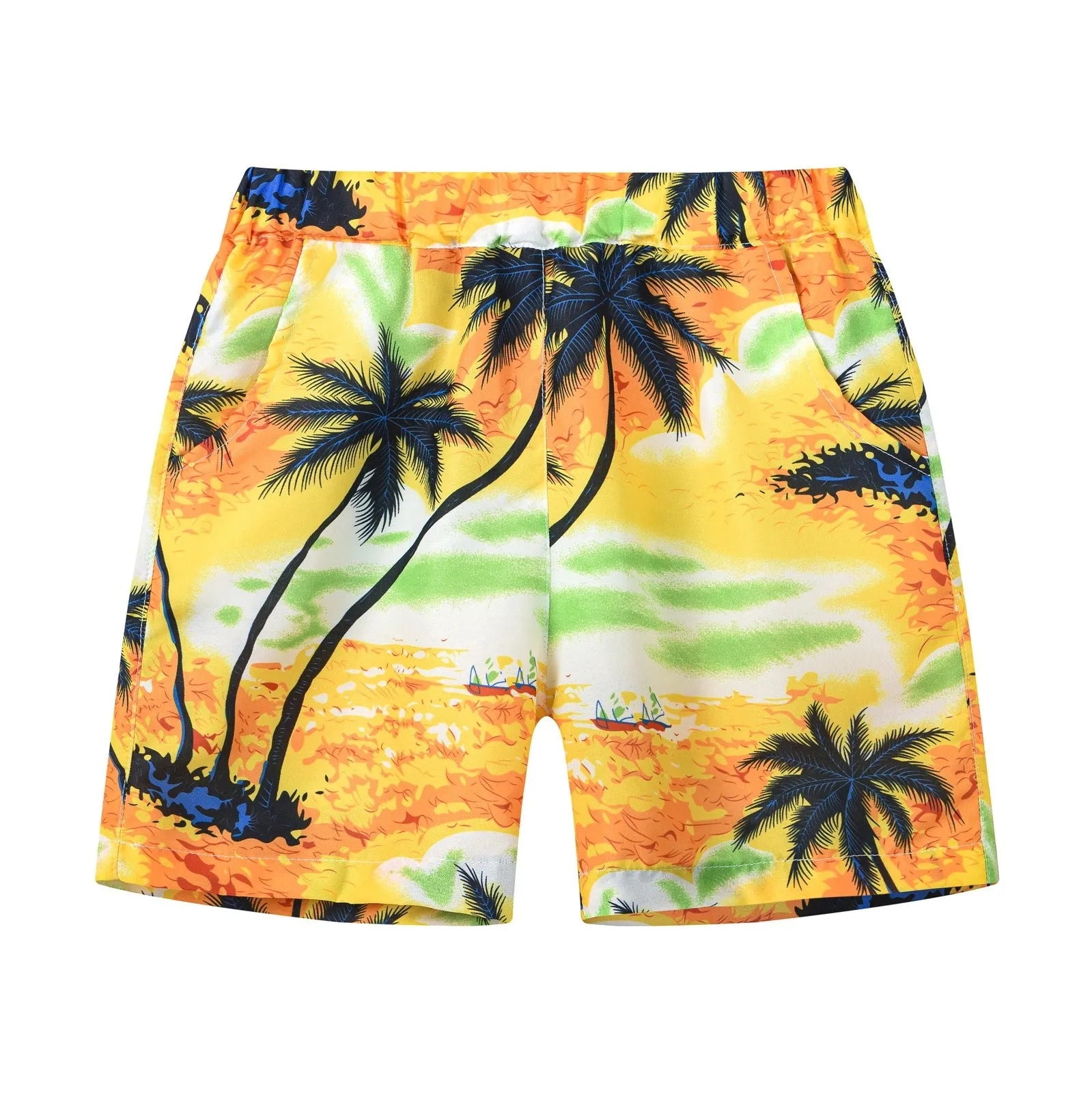 Children's elastic waist beach shorts with colourful coconut tree print, shown in shorts length.
