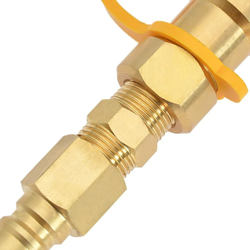 Gold-coloured brass 3/8-inch gas tank connector with American standard threading for propane charging systems