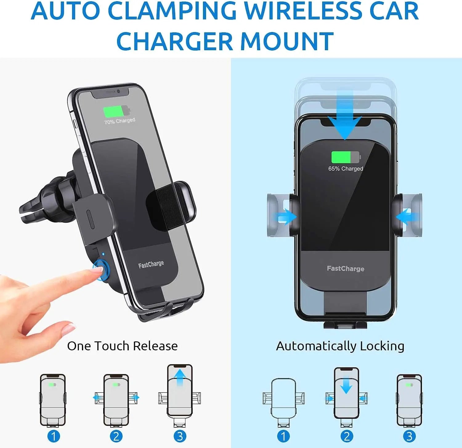 Black 15W fast wireless car charging stand with multiple mounting options