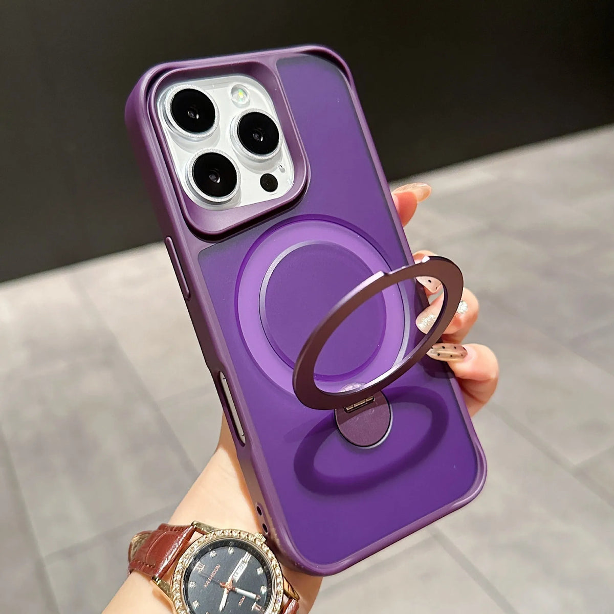 iPhone 16 Pro case with 360 rotating bracket and magnetic suction, frosted TPU PC, shown in purple colour option