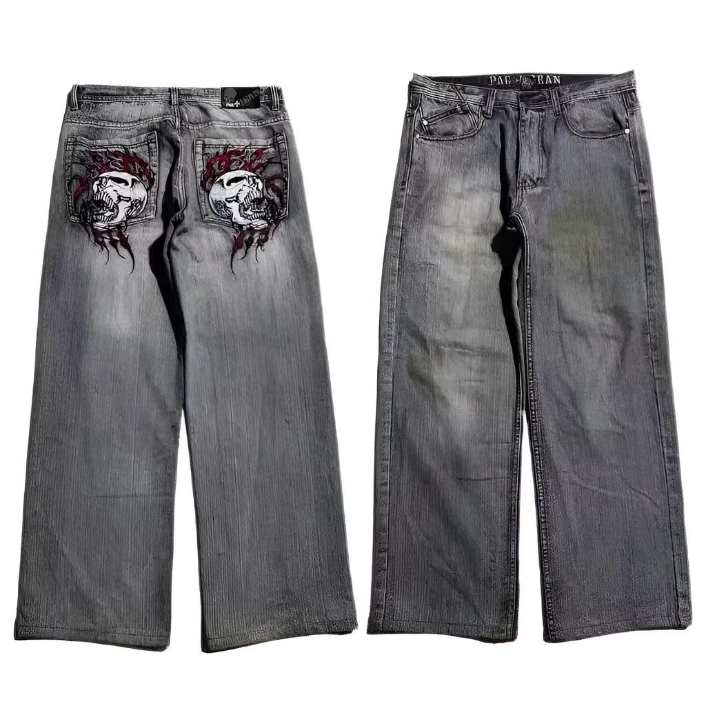 Grey washed-out men's wide-leg jeans with a retro worn look on a mid waist.