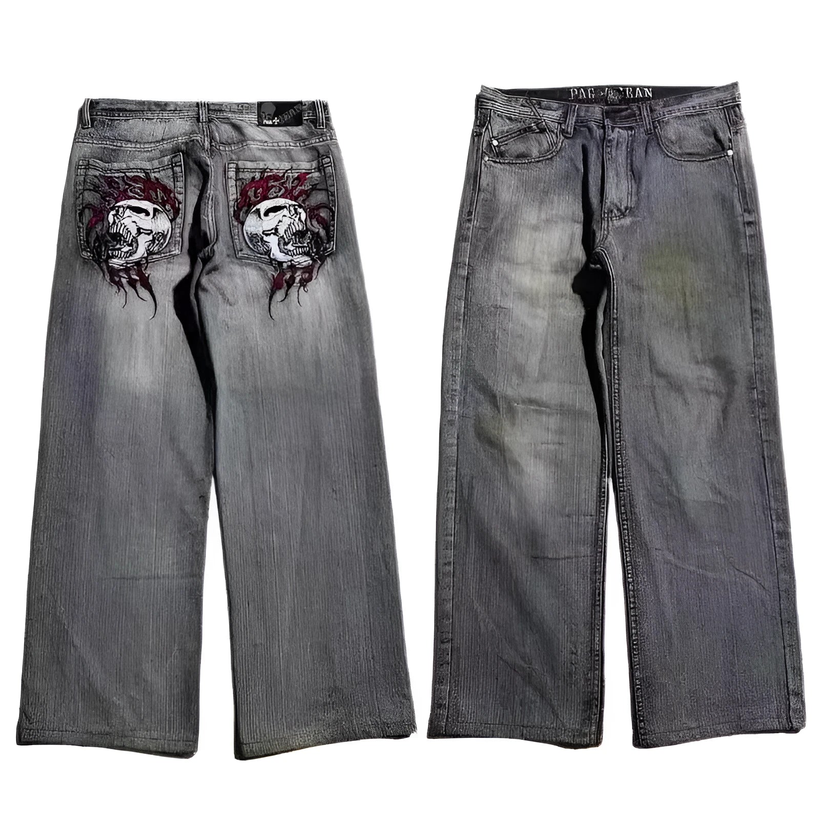 Grey washed-out men's wide-leg jeans with a retro worn look on a mid waist.