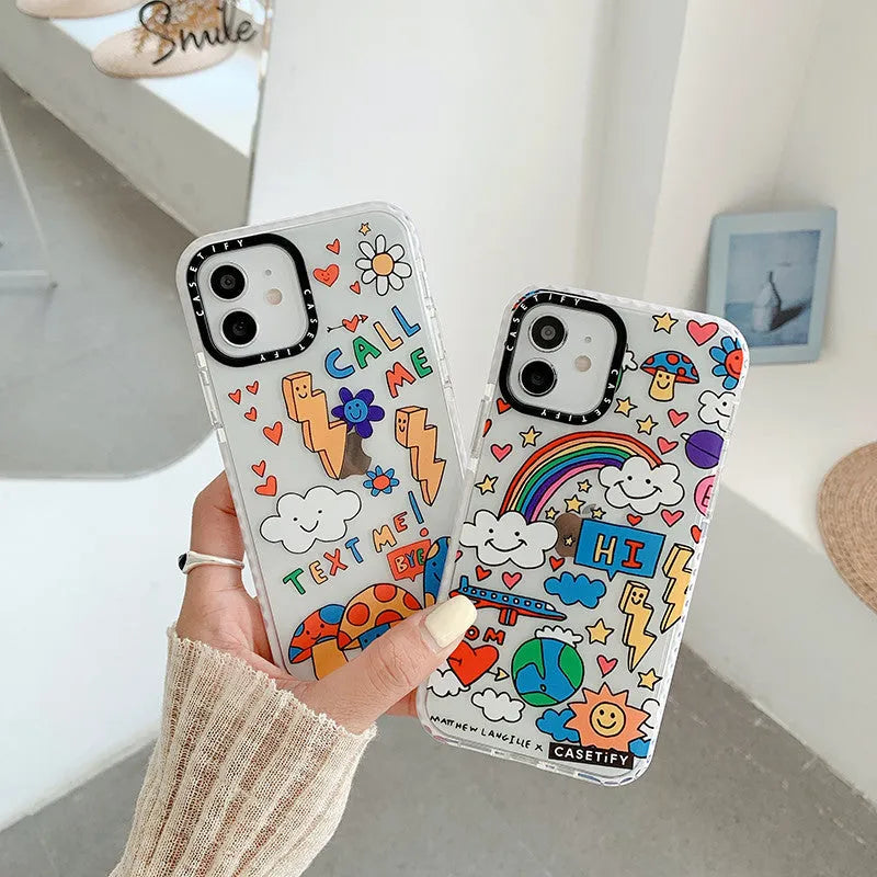Graffiti TPU iPhone case in Lightning Mushroom and Lightning Rainbow, high transparency back cover for iPhone models