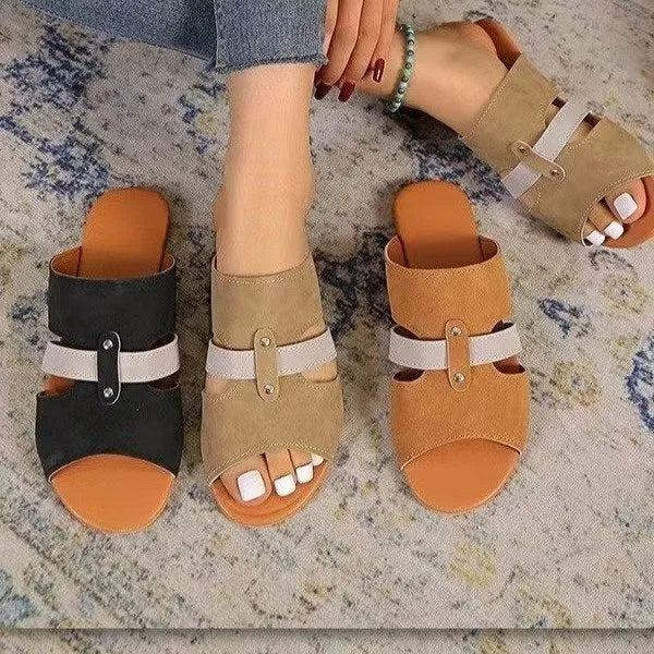 Women's fish mouth belt buckle flat slide sandals in suede for summer beach wear