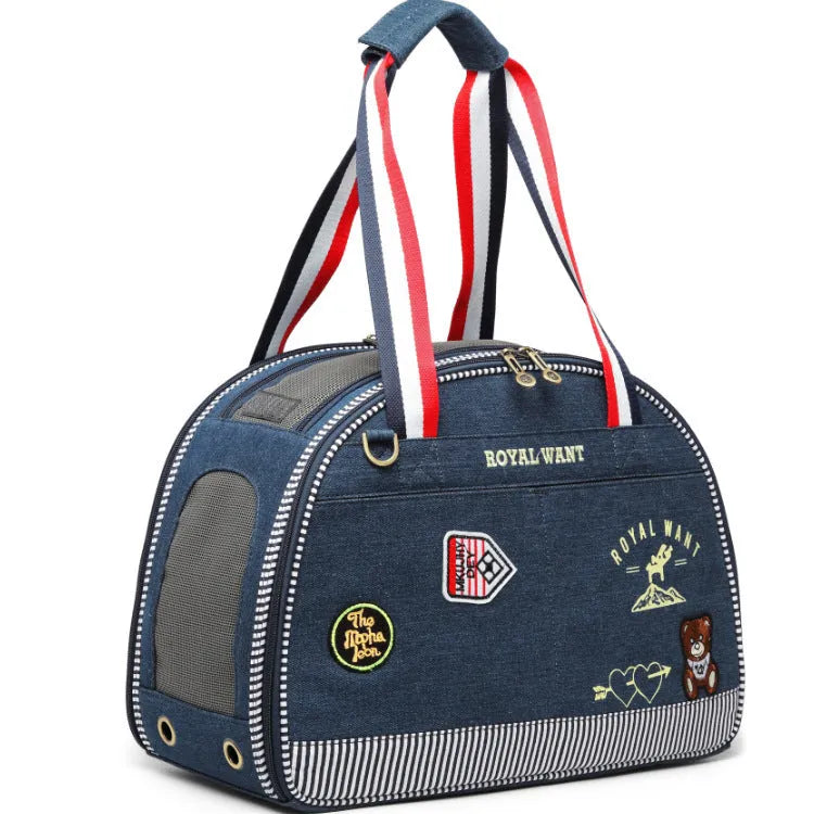 Blue denim pet bag with Japanese cartoon pattern for small dogs and cats