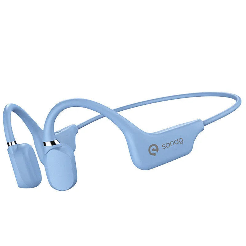 A person wearing bone conduction Bluetooth headphones with a wireless neckband sensor during a run.