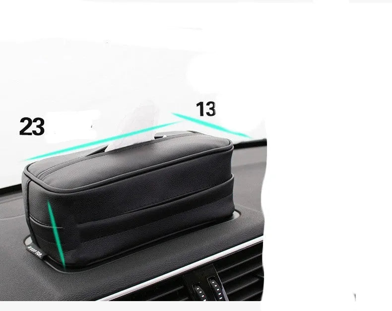 Black leather hanging storage box with strap handles for car and home organisation